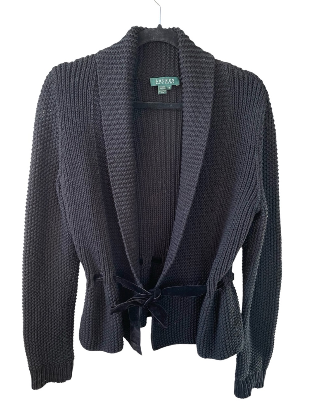 Lauren Ralph Lauren Black Cotton Shawl-Collar Belted Knit Cardigan M